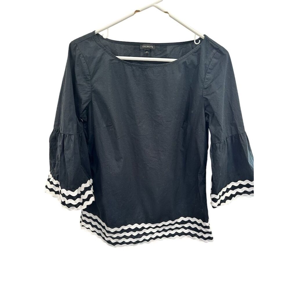 Talbots Women's Navy Blue Blouse Sz S 3/4 Bell Sleeve Boat Neck Ric Rac Trim